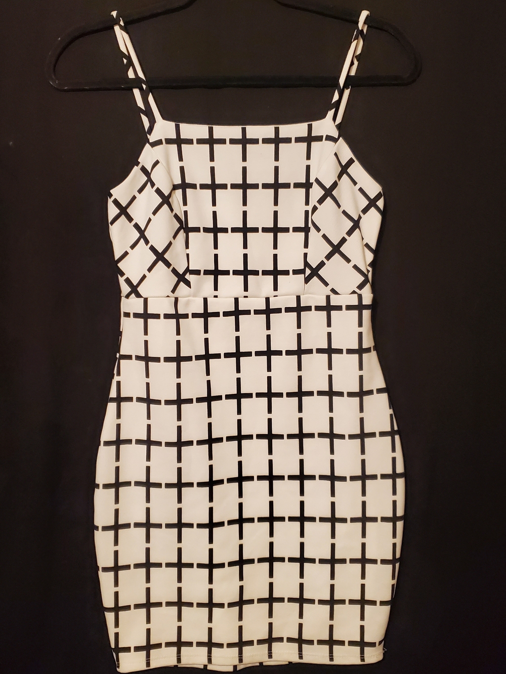 A'gaci Black and White Grid Spaghetti Strap Mini Dress